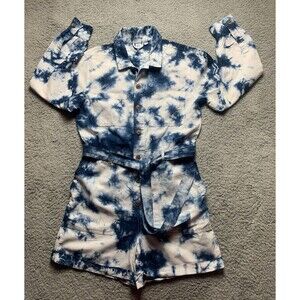 GAP Romper Womens 8 Long sleeve Blue White Tie Dye Cuffed Shorts Jumper Linen